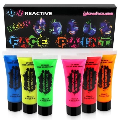 Intense Neon UV Glow Face Paint Body Paint - 10ml Set of 6 Premium Super Bright