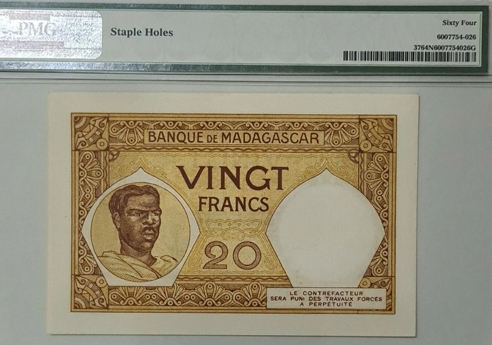 1937 -47 MADAGASCAR 20 Francs PMG64 NET UNC  {P-37} 'Banque de Madagascar' - Image 4 of 4