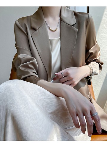 Women Mulberry Silk Satin Coat Button Mid-Length Lapel Long Sleeve Loose Jackets - Picture 12 of 19