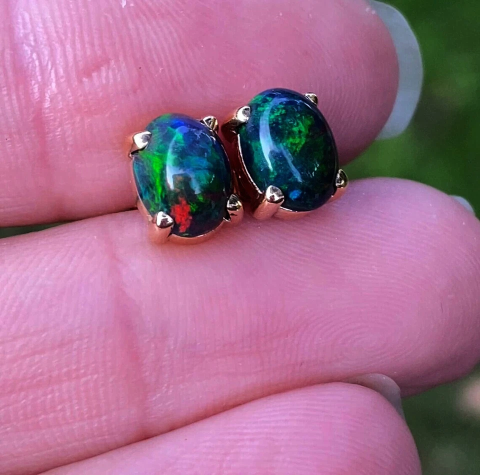 Genuine Black Opal Cabochon Gemstone 925 Sterling Silver Women Stud Earrings - Image 2 of 2