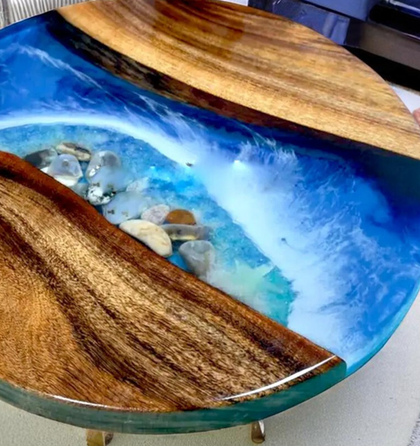24" Ocean Wave Round Epoxy Resin Wood Table Top Living Room Furniture For Home - Picture 6 of 6