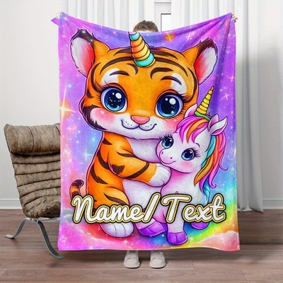 1pc Custom Name Cute Tiger and Unicorn Embrace Print Portable Blanket- Lightwe