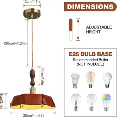 Retro Leather Shade Hanging Pendant Light Walnut Handle Adjustable Height