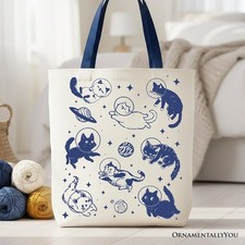 Cats in Space Retro Canvas Tote Bag, Funny Astronaut Kitty Gift Bag
