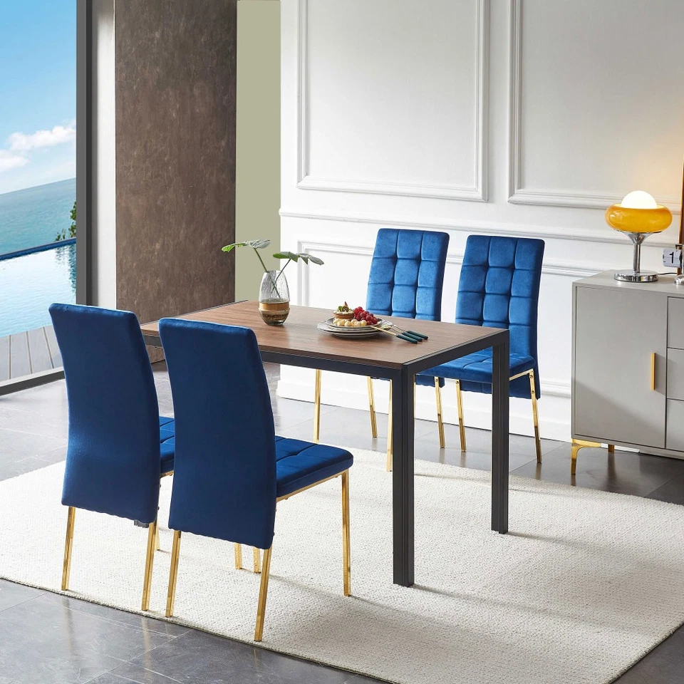 5-Piece Dining Set Including Blue Velvet High BackGolden Color LegsNordic Dining - Image 2 of 4