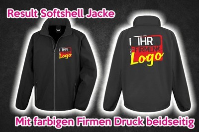Softshell Jacke Result schwarz mit farbigen Druck Logo beidseitig Firma Arbeit