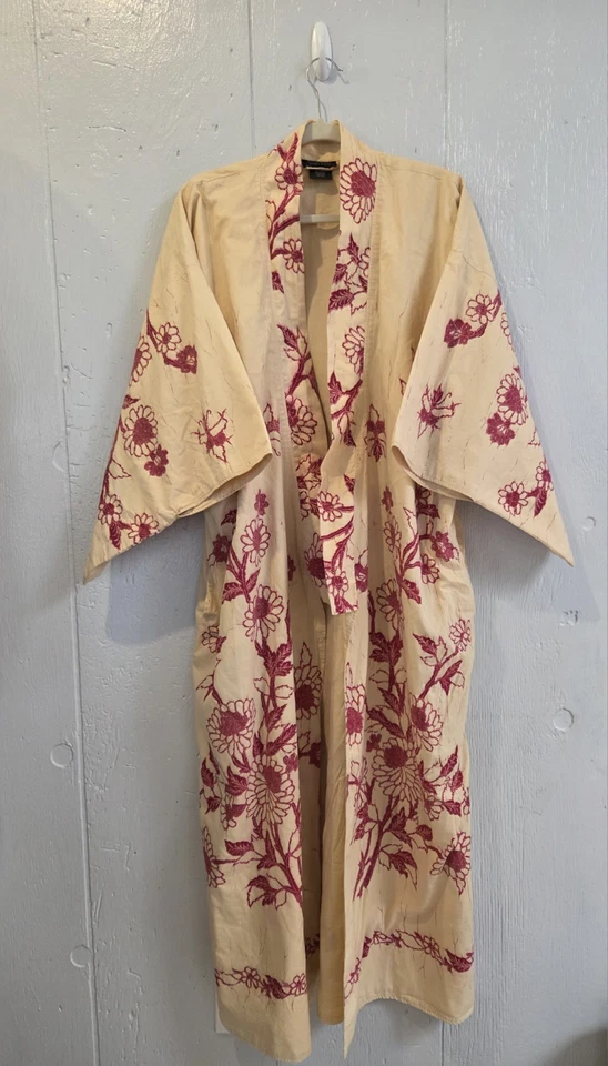 Kimono Maxi Marfim Rosa Vermelho Lindo Vintage J Peterman Arte Floral para Usar