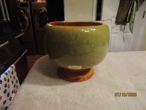 Vintage Haeger Round Planter Brown Green Orange USA No 227 7" 5.5" w Decal