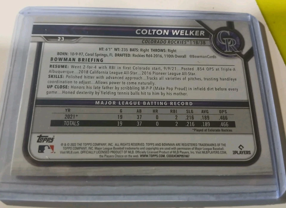 2022 Bowman - Colton Welker #23 (RC) - Image 2 of 2