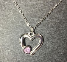 Heart Shaped Pendant Necklace w/ Faceted Amethyst Stone Silver Tone 18"