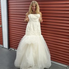 Vera Wang Ivory Silk Tulle Strapless Corset Drop Waist Mermaid Wedding Gown Sz 4