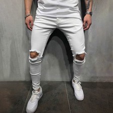 Mens Skinny Ripped Jeans Pants Biker Destroyed Frayed Slim Fit Denim Trousers UK