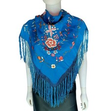 Vtg Floral Embroidered Piano Shawl 29"x29"  7" Hand-knotted Fringe Turq/Multi