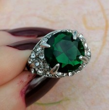 Silver Tone Y2K Ring Chunky Green Crystal Statement Ring Gift Boxed Size R New