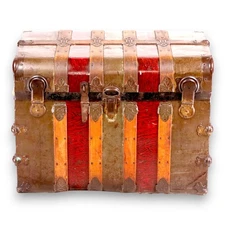 Double Lock Antique Flat Topped Steamer Trunk Coffee Table Red & Brown 1890's