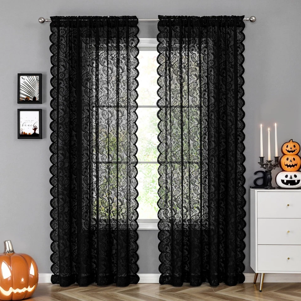 Cortinas de encaje negro transparente 84 pulgadas vintage florales transparentes góticos paneles de cortina para Foto 2 de 4