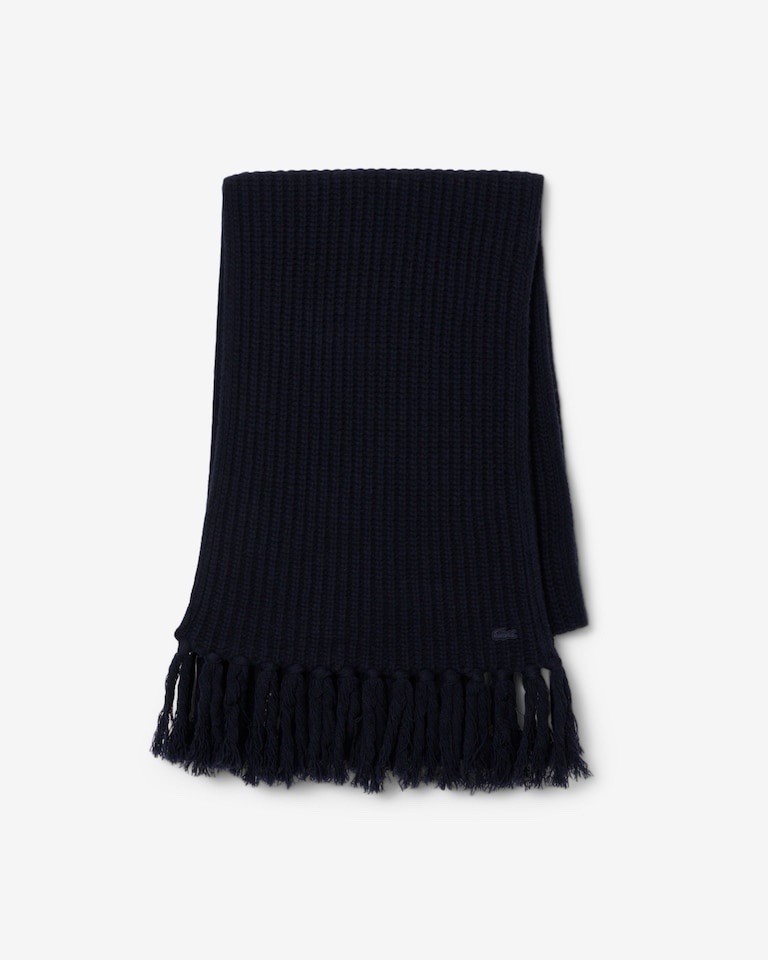 Lacoste Fringed Wool Scarf Midnight Blue One Size NWT