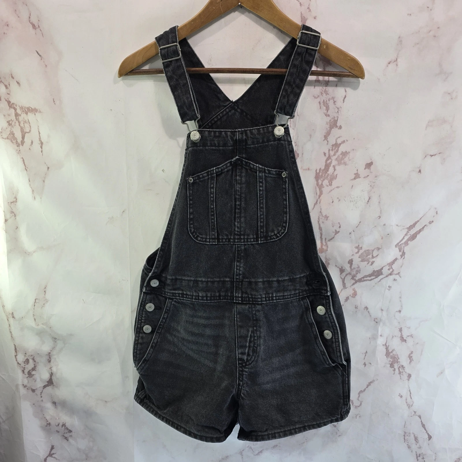 Old Navy Shortalls Womens XS Black Short Overalls Denim Jean Mom 3.5 Inch