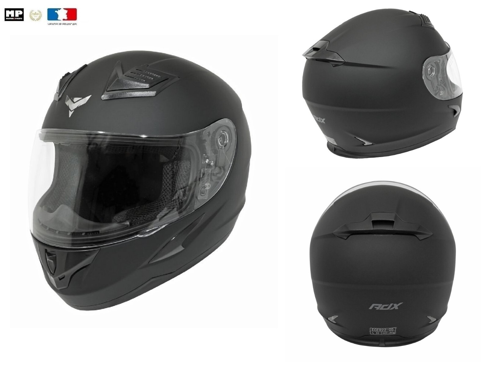 Casque intégral moto ADX XR1 homologué avec visière anti-rayures noir mat