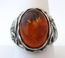 Vintage Israel Estate Amber Cabochon Sterling Ring PZ 925 Size 8.5 6315