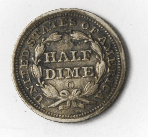 Media moneda de diez centavos de plata libertad sentada 1857 O H10c Nueva Orleans 5c - Imagen 2 de 4