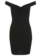 New Miss Selfridge Black Silver Foil Stud Spot Bodycon Bardot Dress. Size 10