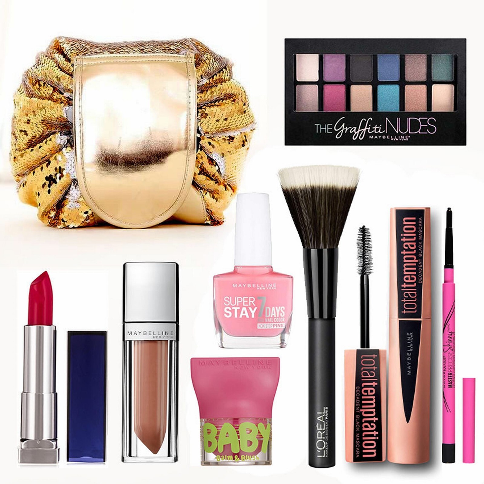 PAQUETE DE COLECCIÓN DE MAQUILLAJE MAYBELLINE Nueva York con bolsa en lentejuelas doradas
