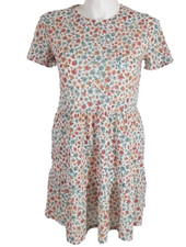 Zara Dress LARGE Multicolor Floral Shift Ribbed Short Sl Knee Length Casual