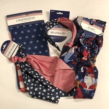 Lot Of 4 American Flag Patriotic: Headband, Scrunchie,, Bandannas Scarf Gnomes