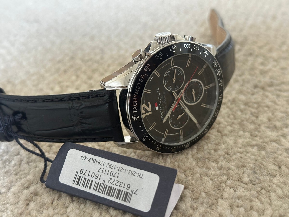 tommy hilfiger 1791117 luke black dial 46mm leather men's