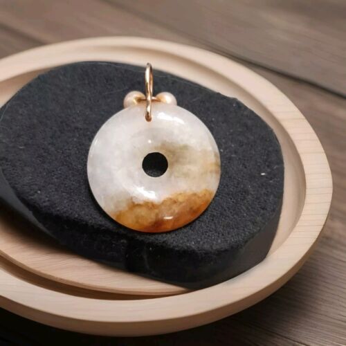Natural Jadeite Donut Pendant 14k 3 Pearl Pendant Brown/ Grey - Picture 3 of 3