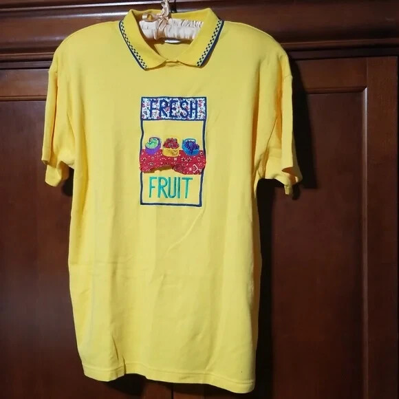 Karen Scott Vintage Top Womens Large Yellow Embroidered Farm Fresh Fruit Grandma