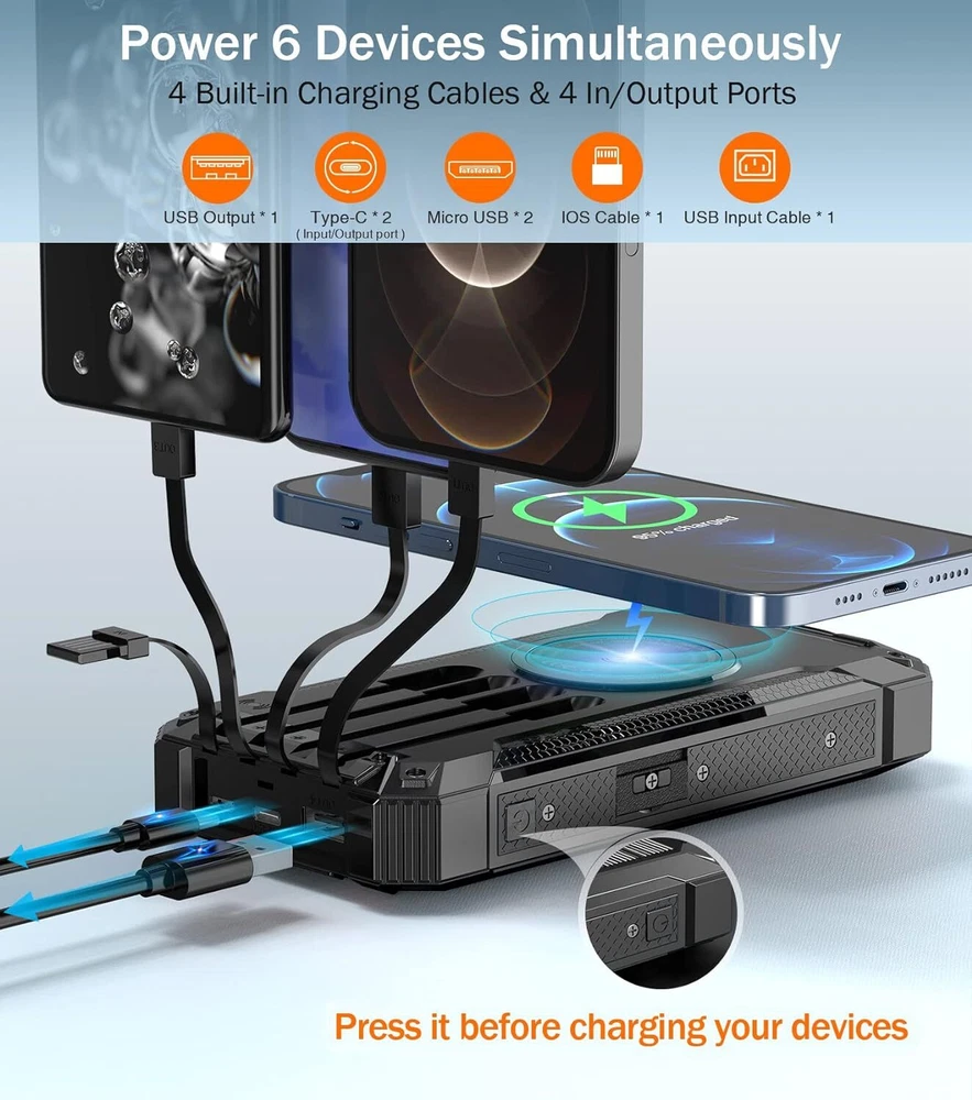 36000mAh Power Bank with Wireless Charging and 4 Cables for Phones