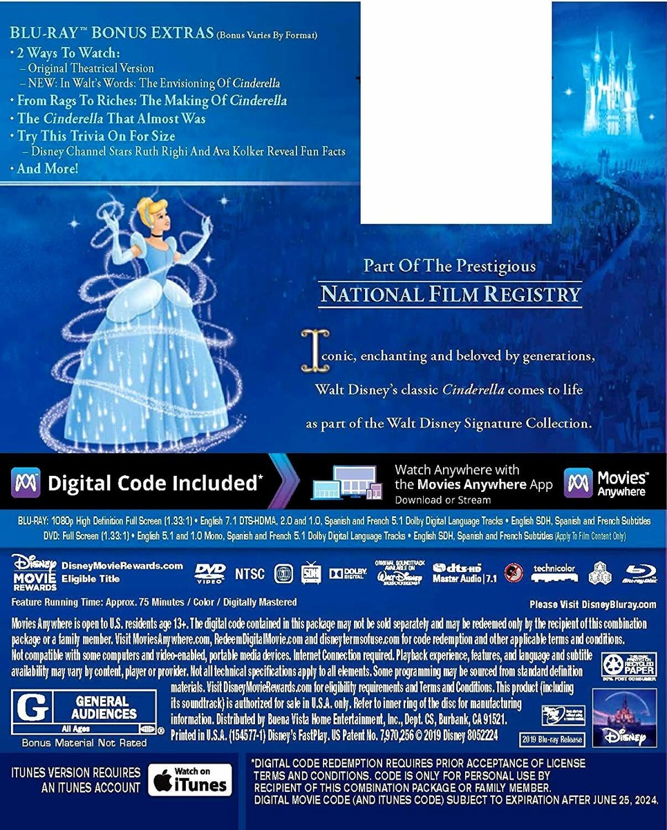 Disney Cinderella Animated Fairy Tale Masterpiece Blu-ray DVD 