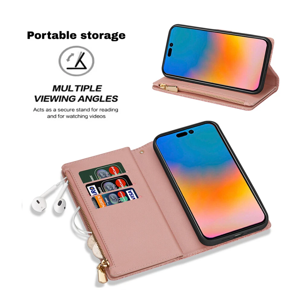 For iPhone 17 Pro Max 16 14 13 12 7 Leather Flip Stand Card Wallet Case W/ Strap - Image 3 of 4