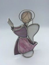 VTG Stained Glass Angel W/Songbook Pink White Free-Standing 8" Tall