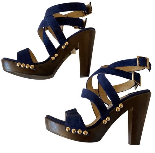 Jimmy Choo Suede Studded Unity Platform Sandals Heels sz 38 US 8 Blue Gold Wood - Picture 3 of 18