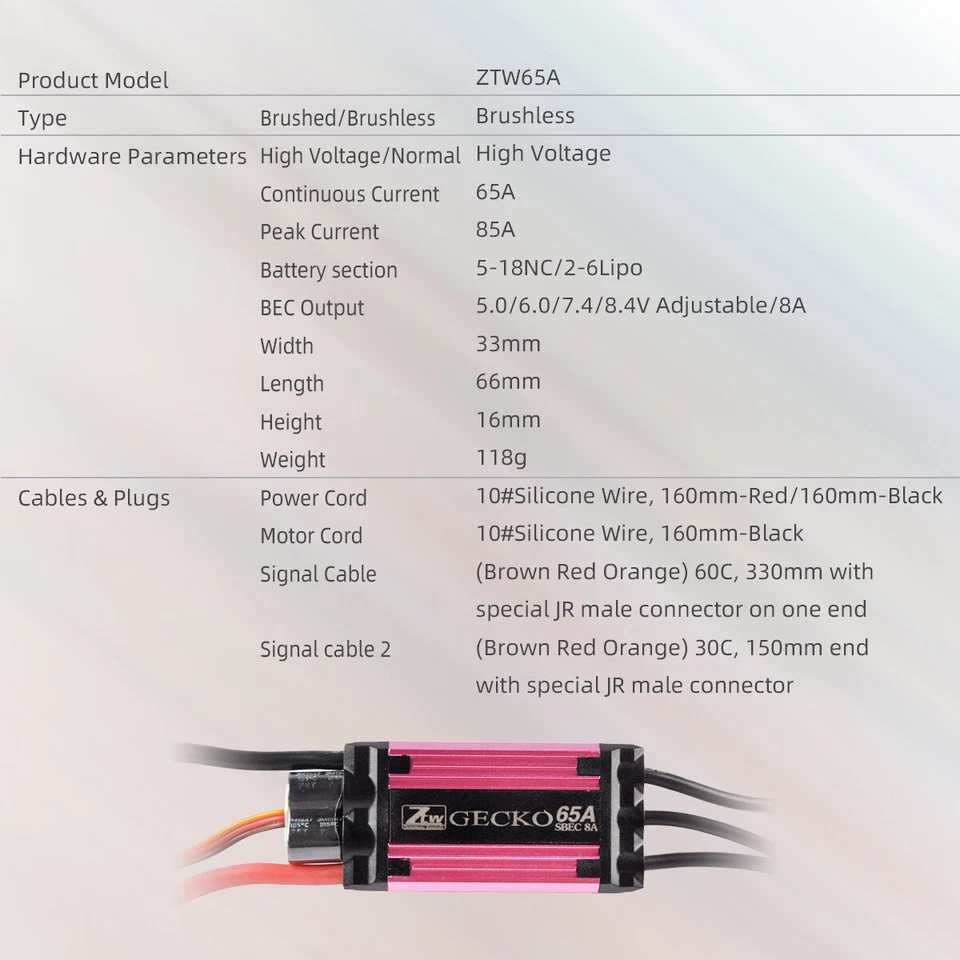 ZTW GECKO 65A RC Airplane ESC Electric Speed Control 5-8.4V Adjustable MAX 85A  - Image 2 of 4