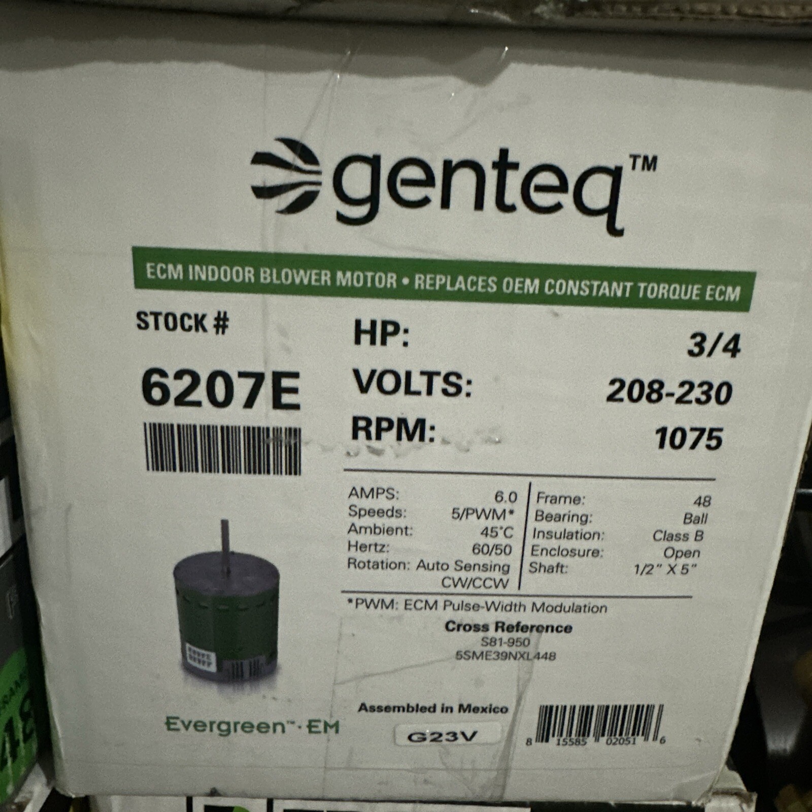 6207E Genteq Evergreen 3/4 HP 208230 Volt Replacement X13 Furnace