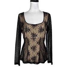 Y2K Sheer Long Sleeve Lace Mesh Top Size L Corset Babydoll Whimsy Fairy Goth VTG