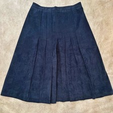 Vintage Suede A-Line Classic Box Pleat Navy Leather Midi Skirt Size 10 Made USA