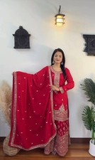 Beautiful Red Pure Chinnon Silk Palazzo Suit With Dupatta For Women Wedding