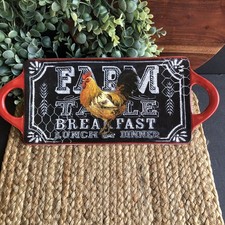 Certified International Ceramic Serving Tray Rooster Farm Table Red Handles