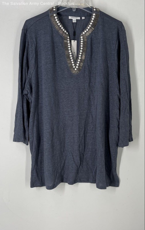 Chico's Womens Blue Linen Beaded 3/4 Sleeve Split Neck Tunic Blouse Top Sz 2XL/4
