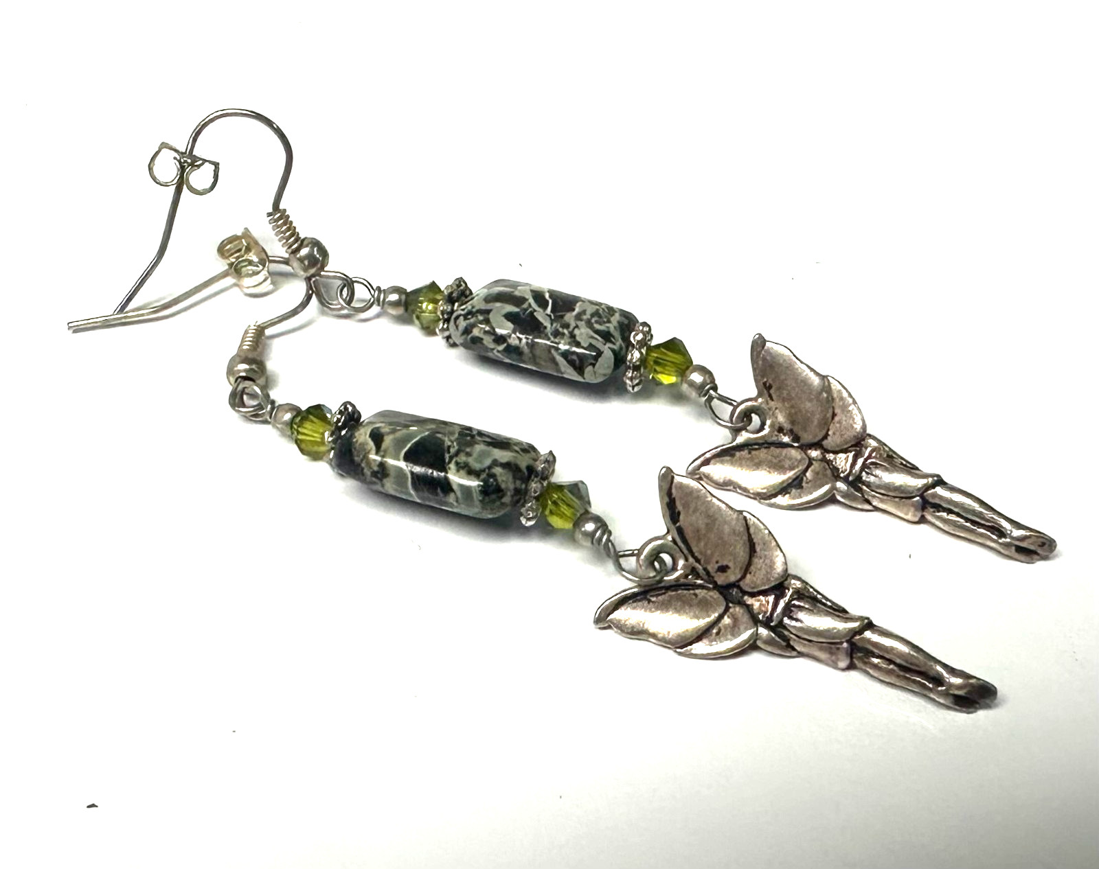 Costume Silver Tone Green Stone Fairy Dangle Pierced Earrings Jewelry Lot K