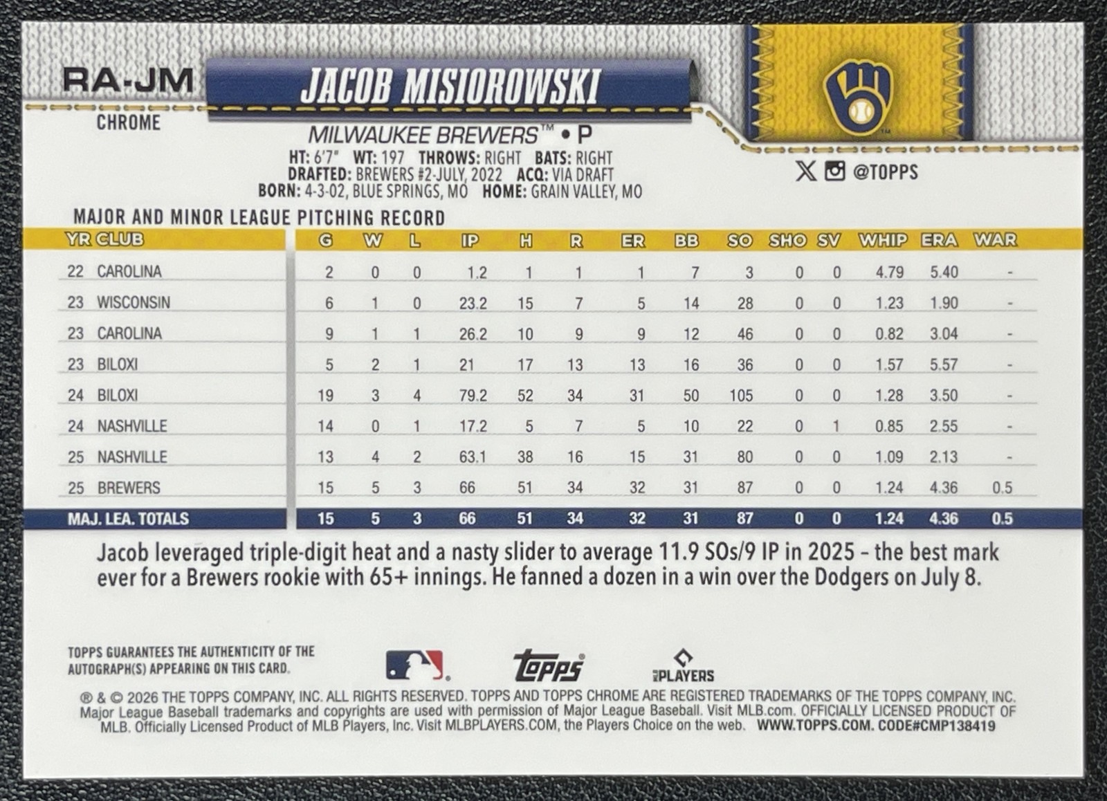 JACOB MISIOROWSKI 2026 TOPPS CHROME SAPPHIRE ROOKIE AUTO GOLD REFRACTOR RC 17/50 view 2