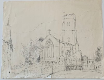 VINTAGE BLEISTIFTZEICHNUNG KIRCHTURM CORNWALL DORF ARCHITEKTUR STUDIE SKIZZE