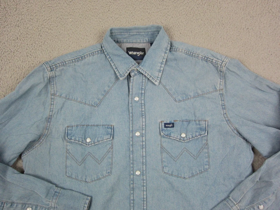 Camisa Wrangler Adulto Grande Azul Denim Perla Occidental A Presión Vaquero Rodeo Para Hombres Foto 2 de 4