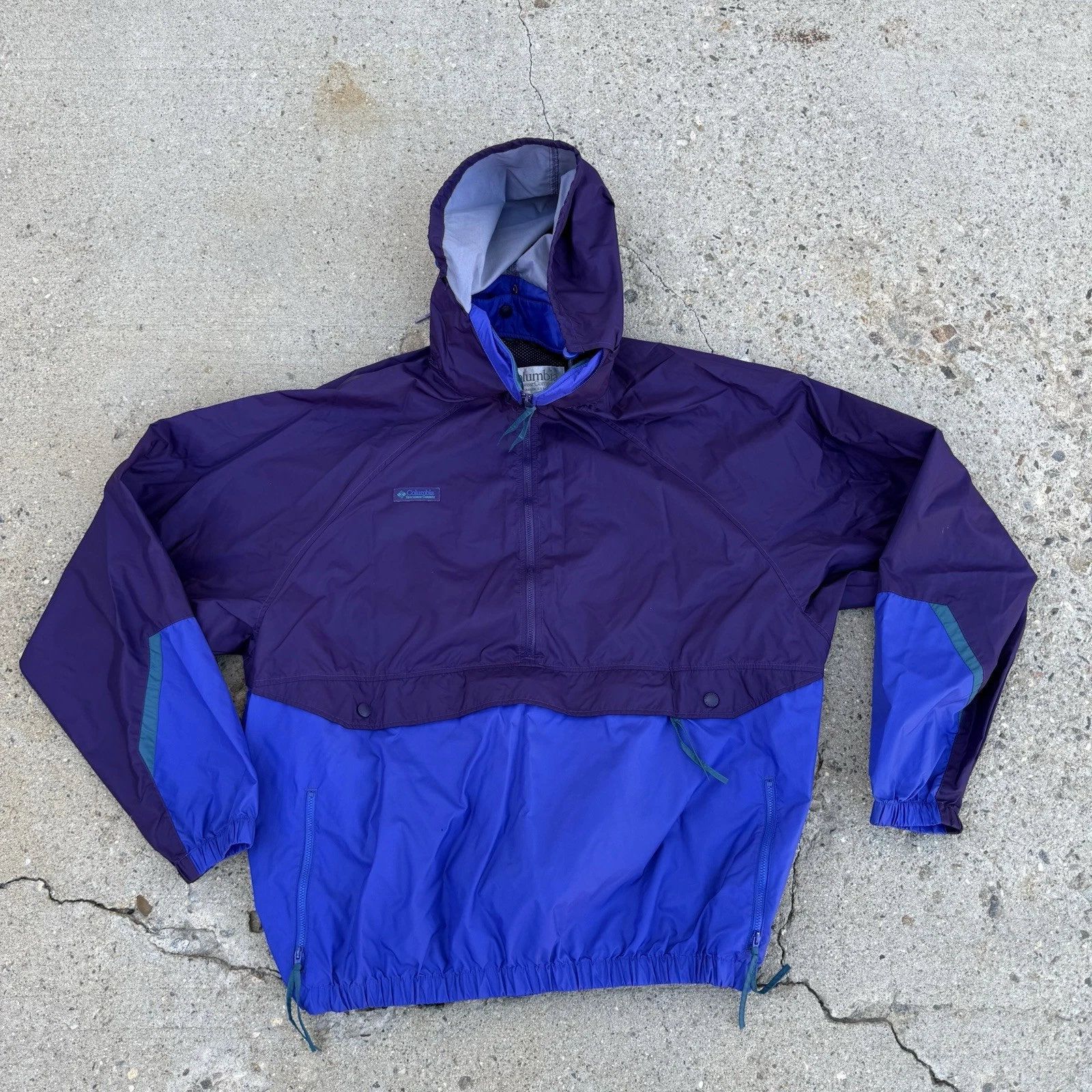 Vtg Columbia Windbreaker Mens Sz L Anorak Crop 1/2 Zip Colorblock Collar Hood 90