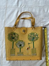 Vtg Potted Tree Jeweled Purse Handbag Wood Bottom Canvas - Enid Collins Style